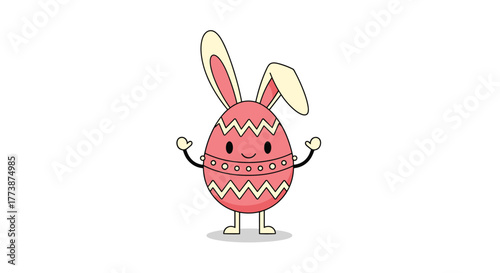 An adorable cartoon pink Easter egg character with bunny ears and arms outstretched for a hug.