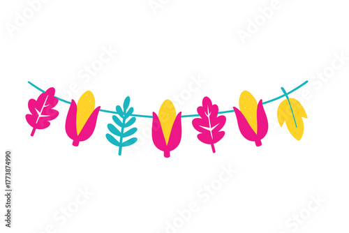 Stylized autumn harvest garland featuring bright pink corn cobs and colorful seasonal leaves strung on a line