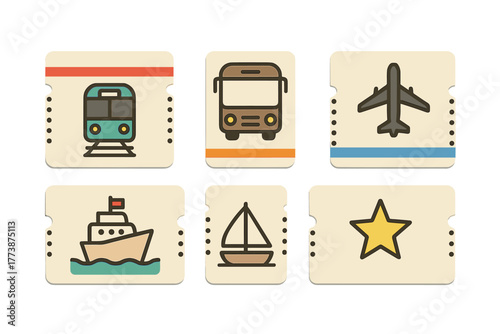Retro-style tickets for air, land, and sea transportation and journey booking