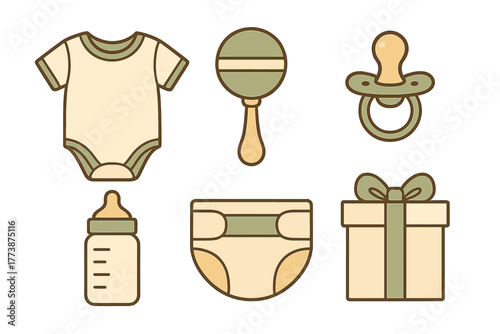 Essential baby care items collection featuring clothing, feeding, and toys in gender-neutral colors