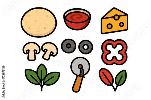 Colorful collection of pizza ingredients and cooking tools on white background