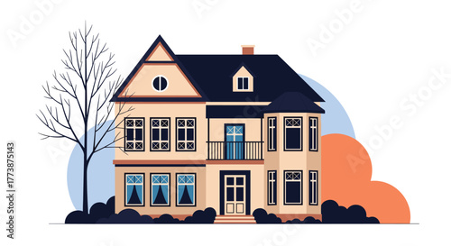 A charming two story house with a bay window and a detached tree.