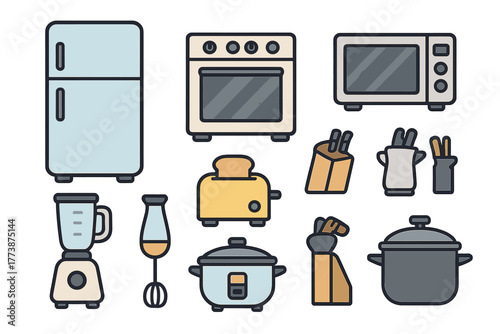 Set of modern kitchen appliances and cooking tools including refrigerator oven microwave and blender