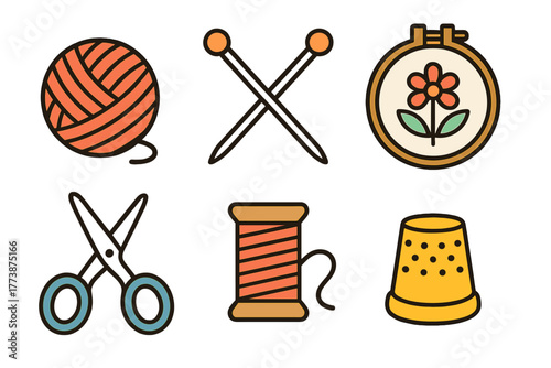 Set of colorful icons representing essential crafting and sewing supplies