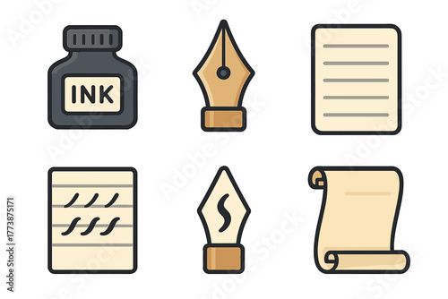 Classic writing and calligraphy tools set with ink bottle, nibs, and paper scrolls