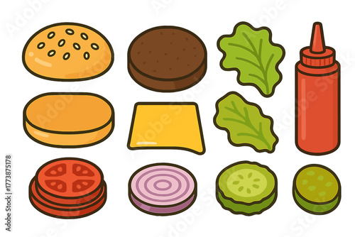Set of fresh ingredients for assembling a customizable hamburger or cheeseburger meal