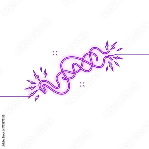 An illustrative depiction of a broken electrical wire glowing with vivid purple neon light and emitting sparks, signifying a critical power interruption.