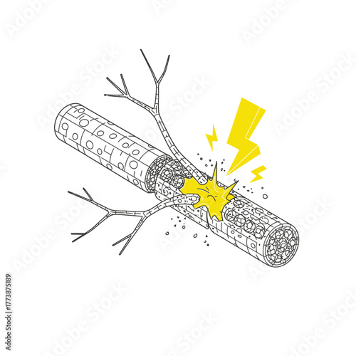 An abstract isometric line illustration depicting a damaged biological vessel or nerve with a painful burst, symbolizing injury or inflammation.