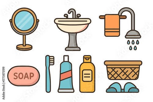 Assortment of essential bathroom fixtures and personal care items on a white background