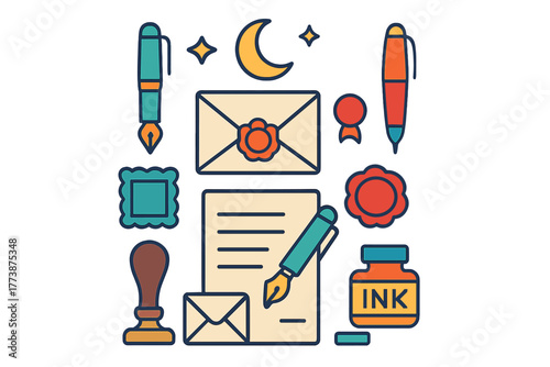 Vintage writing tools and correspondence collection with fountain pens, ink, and seals