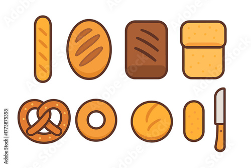 Set of baked goods featuring baguette, loaf, pretzel, bagel, and bread knife