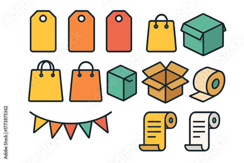 Colorful retail price tags, shopping bags, delivery boxes, packing tape, and receipt scrolls set