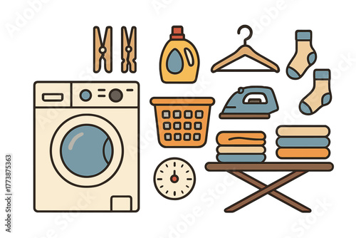 Laundry equipment set including washing machine, detergent, iron, and ironing board for household chores