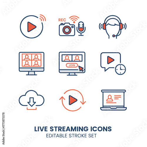 Live Streaming and Online Communication Icons Set in Modern Line Style