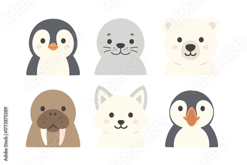 Six cute Arctic and Antarctic animal portraits including polar bear, walrus, seal, arctic fox, and penguins