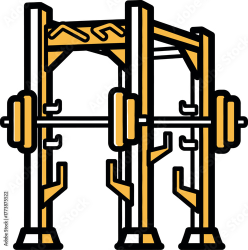 Yellow squat rack with barbell and weights vector
