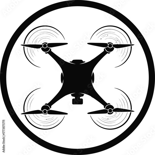Clean modern silhouette illustration of a quadcopter drone with four distinct propellers perfect for technology aviation or futuristic design projects