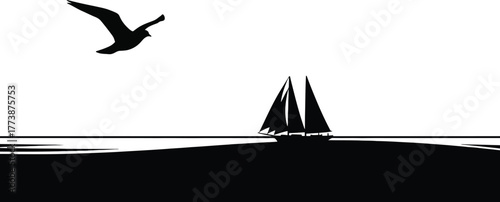 Serene ocean horizon with a solitary bird soaring above a sailboat silhouette evoking a sense of freedom and peaceful journey at sea under a vast sky