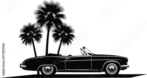 Retro summer scene featuring a vintage convertible car parked near a lush palm tree evoking a nostalgic and carefree vacation vibe with a distinct vintage aesthetic