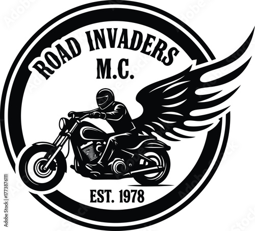 Dynamic motorcycle club emblem featuring a determined rider in bold colors perfect for apparel and branding