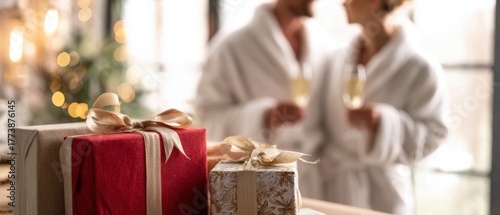 The gift boxes in foreground with blurred couple sharing champagne by festive lights