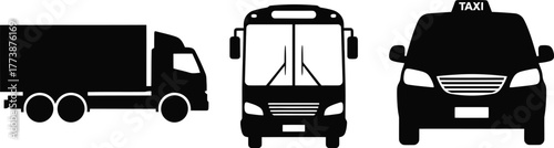 Collection of silhouette icons featuring a bus truck van and taxi for transportation and logistics themed designs