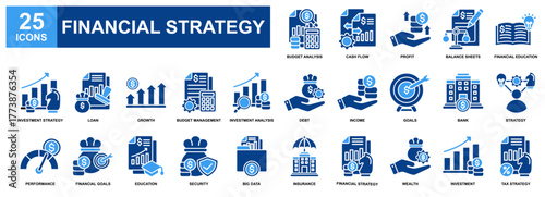 Financial Strategy icon set collection. Containing design Budget Analysis, Profit, Cash Flow, Debt, Financial Goals