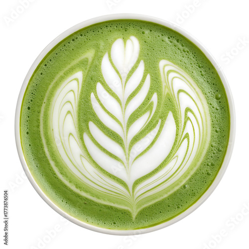 Matcha Green Tea Latte with Leaf Latte Art in Milk Foam, Top View Isolated on White Background