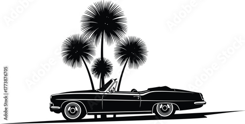 Retro convertible car silhouette against a vibrant tropical palm tree sunset background evoking a classic summer vacation and nostalgic road trip vibe