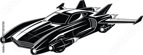 Sleek futuristic flying car silhouette showcasing an advanced sci fi concept vehicle with clean lines and aerodynamic design ideal for technology and innovation themes