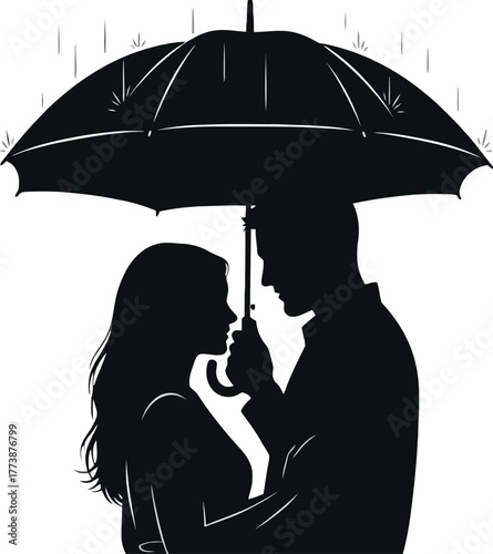 Silhouette of a couple sharing an umbrella in the rain, isolated on white background.