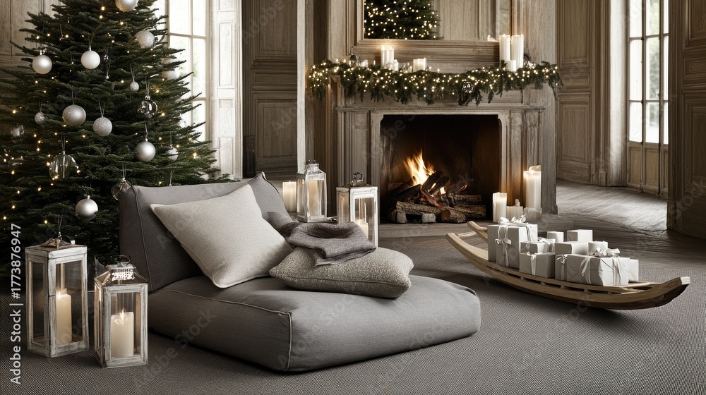 Obraz premium This cozy room features a beautifully decorated Christmas tree, silver and beige accents, plus a comfy chair with pillows and blankets for a warm festive vibe