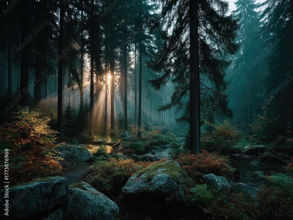 Fototapeta premium A cinematic forest scene enveloped in dense fog a single beam