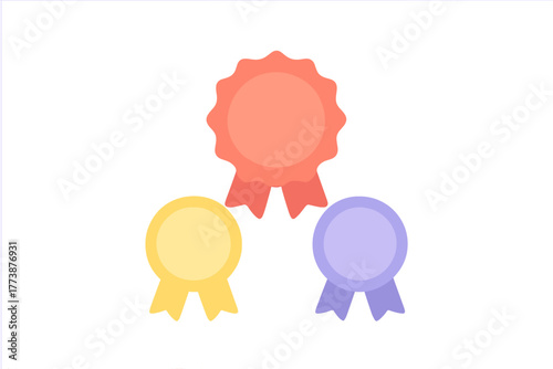 Three colorful award rosettes for first, second, and third place achievement recognition