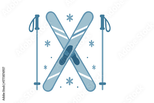 Crossed pair of blue skis and ski poles with falling snowflakes for winter sports