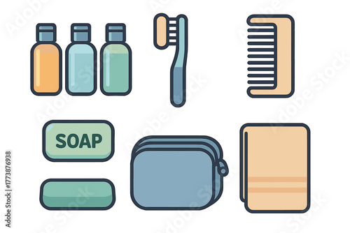 Travel personal care kit with small shampoo bottles, soap, toothbrush, comb, and towel