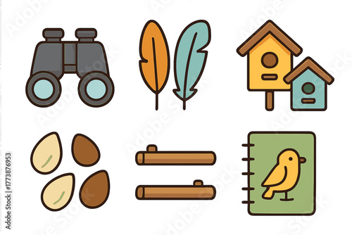 Birdwatching and nature elements collection featuring binoculars, birdhouses, feathers, seeds, and logs