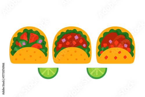 Three crunchy hard shell tacos filled with ground beef, steak, and fresh vegetables served with lime