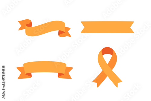 Set of bright orange awareness ribbon loop and decorative banner scrolls