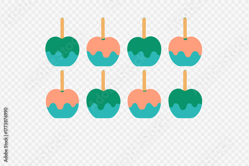 Eight stylized candied apples with colorful dipping arranged in a repeating grid pattern