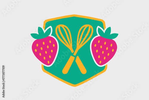 Colorful badge with fresh strawberries and crossed baking whisks on a teal background