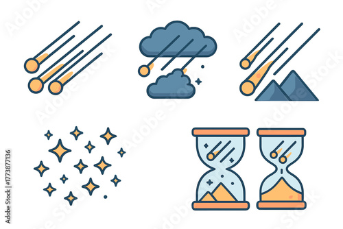 Set of cosmic and temporal symbols including falling meteors, space dust, and hourglasses
