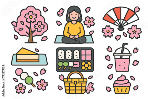 Japanese spring picnic set with cherry blossom tree, sitting person, bento box, dango, and traditional fan elements