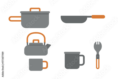 Essential outdoor camping and hiking cooking equipment and utensils set