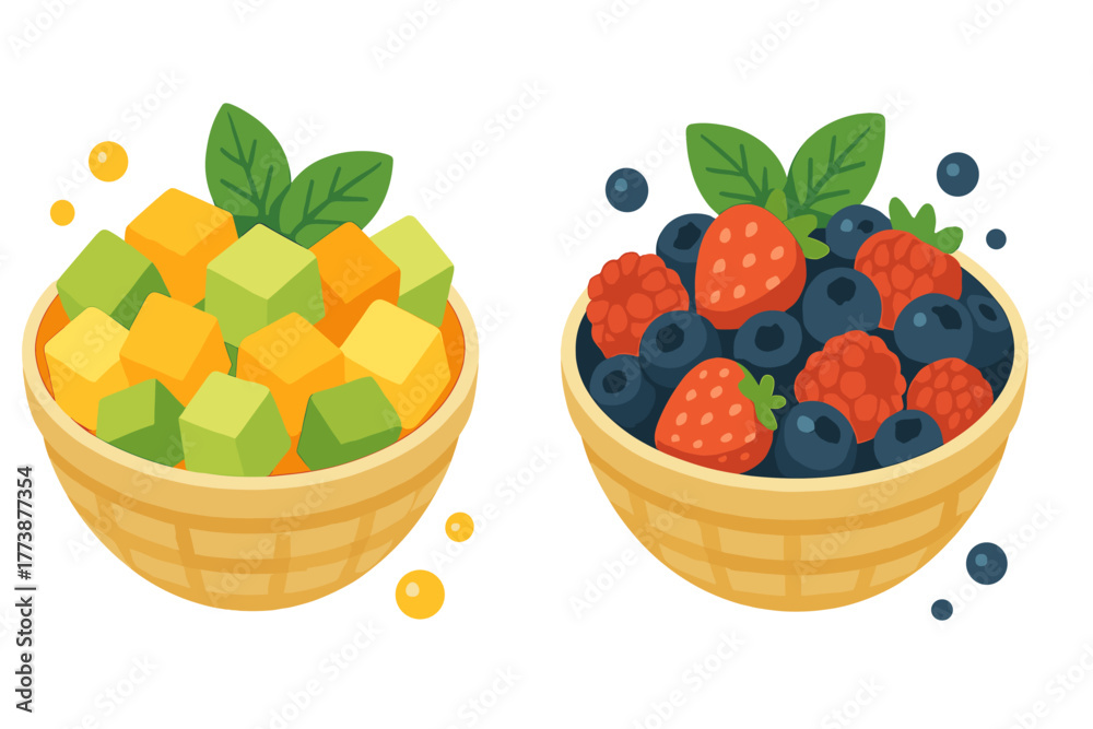 Ταπετσαρία Colorful bowls containing cubed tropical fruit and assorted fresh summer berries
