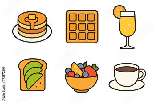 Six delicious breakfast foods and drinks including pancakes, waffle, fruit, and coffee
