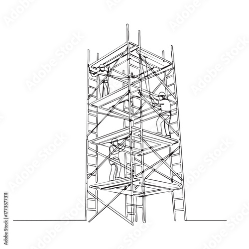 A precise line art illustration depicts multiple construction workers diligently assembling a multi-level scaffolding structure, symbolizing teamwork and industrial progress on site.