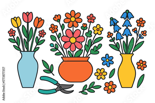 Brightly colored bouquets of tulips and wildflowers in various vases with pruning shears