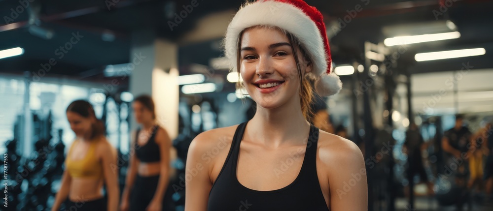 Fototapeta premium The woman in a Santa hat leading a festive gym workout with smiling energy