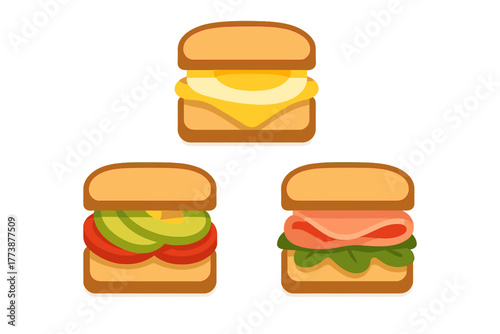 Stylized set of three square sandwiches with egg, avocado, and ham fillings